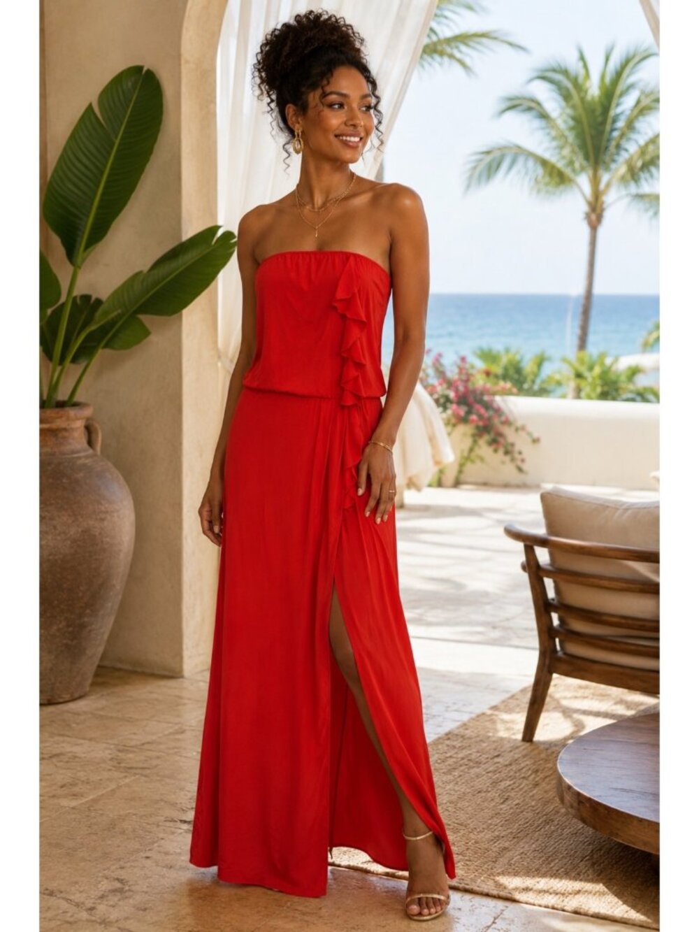 Karina Grimaldi 100% Silk Strapless Maxi Dress Red Ruffle Side Slit Size M USA